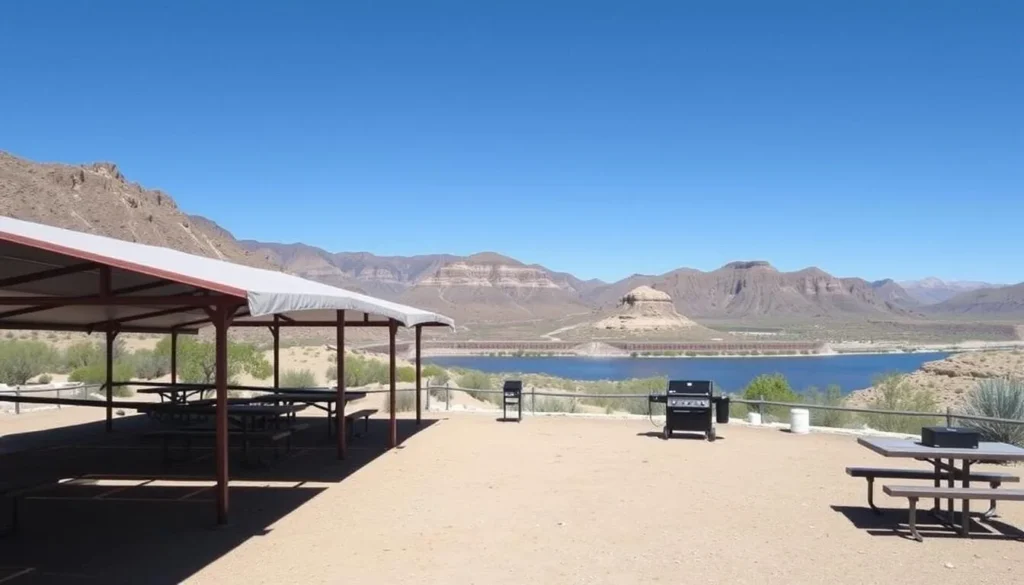Picnic area at Big Bend of the Colorado State Recreation Area Nevada with tables under shade structures near the river Picnic area at Big Bend of the Colorado State Recreation Area Nevada with tables under shade structures near the river