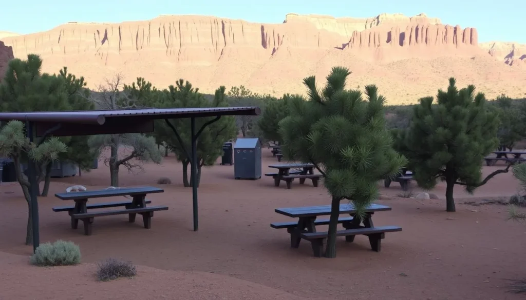 Picnic area at Cathedral Gorge with covered tables surrounded by juniper trees Picnic area at Cathedral Gorge with covered tables surrounded by juniper trees