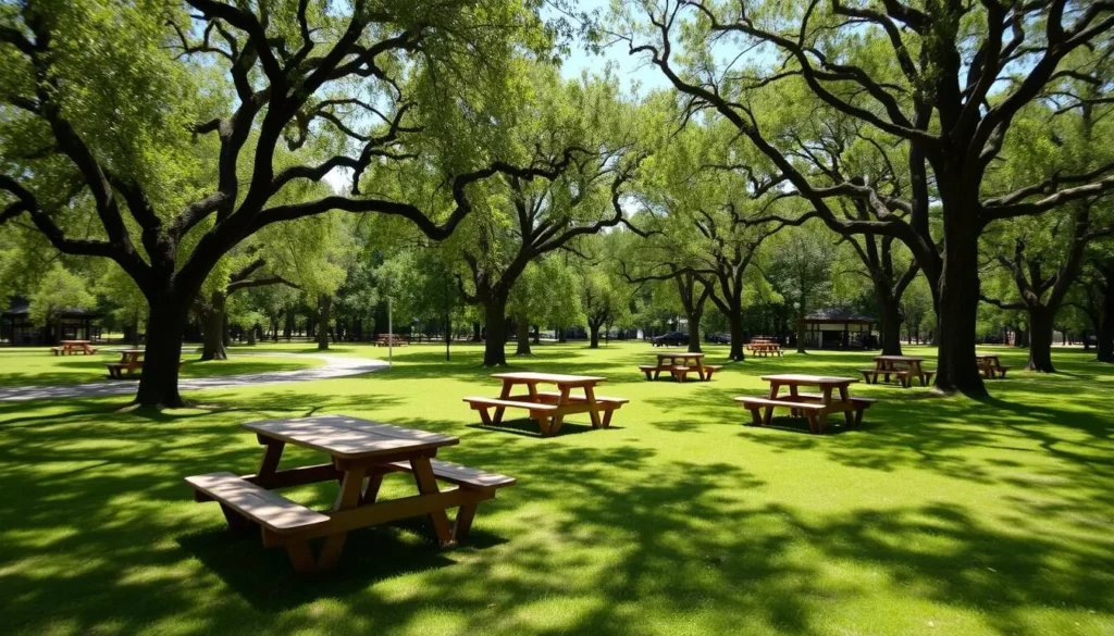 Picnic area at Chemin-A-Haut State Park Louisiana with tables under shade trees