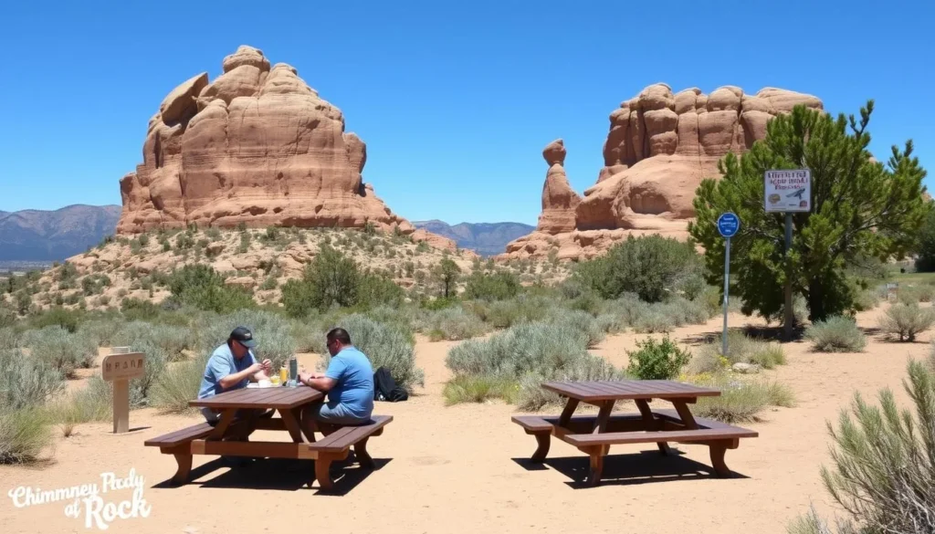 Picnic area at Chimney Rock National Monument with visitors enjoying lunch with a view Picnic area at Chimney Rock National Monument with visitors enjoying lunch with a view