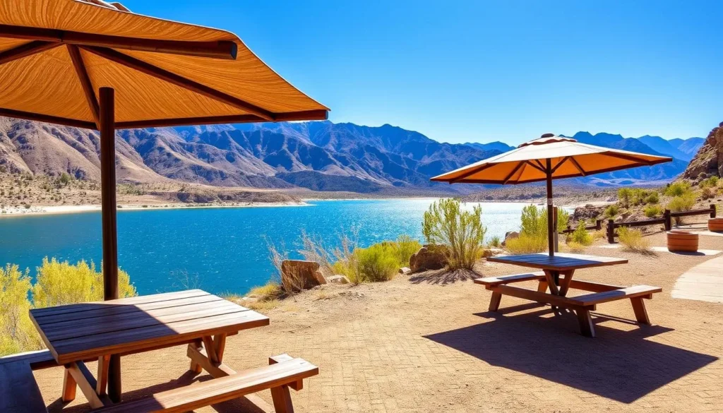 Picnic area at Echo Canyon State Park Nevada with tables overlooking the water Picnic area at Echo Canyon State Park Nevada with tables overlooking the water