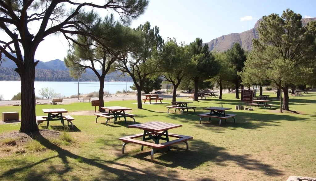 Picnic area at Highline Lake State Park with tables and lake view