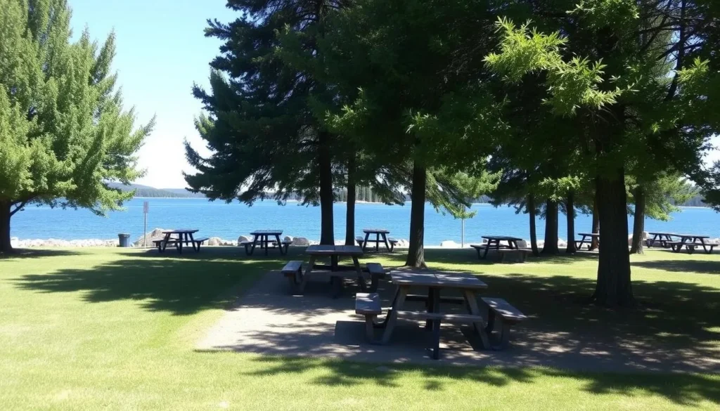 Picnic area at Highline Lake with tables near the water