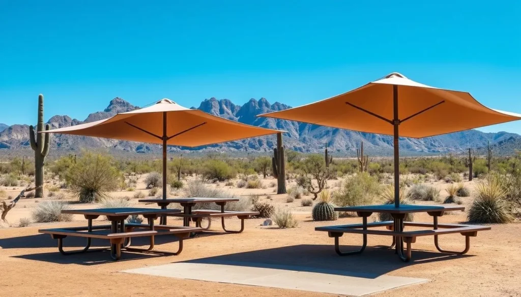 Picnic area at Lost Dutchman State Park with mountain views Picnic area at Lost Dutchman State Park with mountain views
