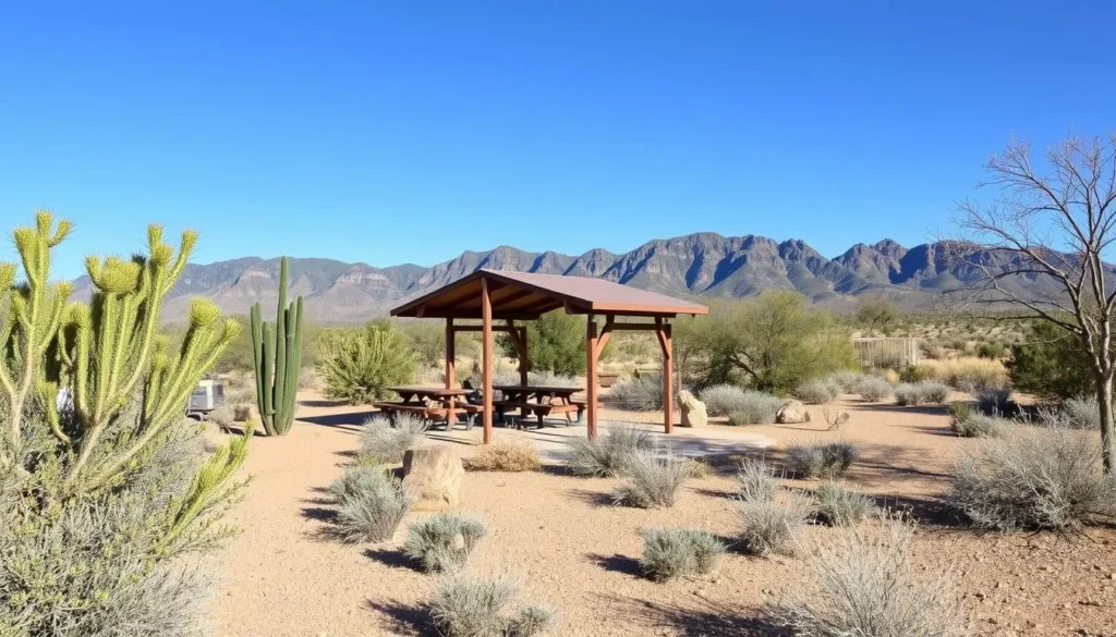 Picnic area at Oliver Lee Memorial State Park with desert landscape