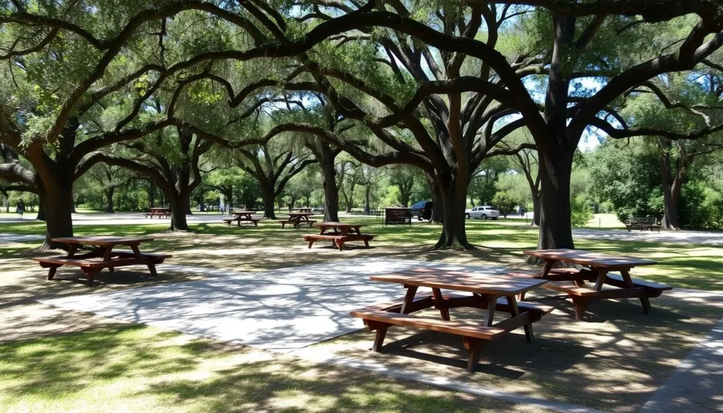 Picnic area at Palmetto Island State Park Louisiana with tables under shade trees Picnic area at Palmetto Island State Park Louisiana with tables under shade trees