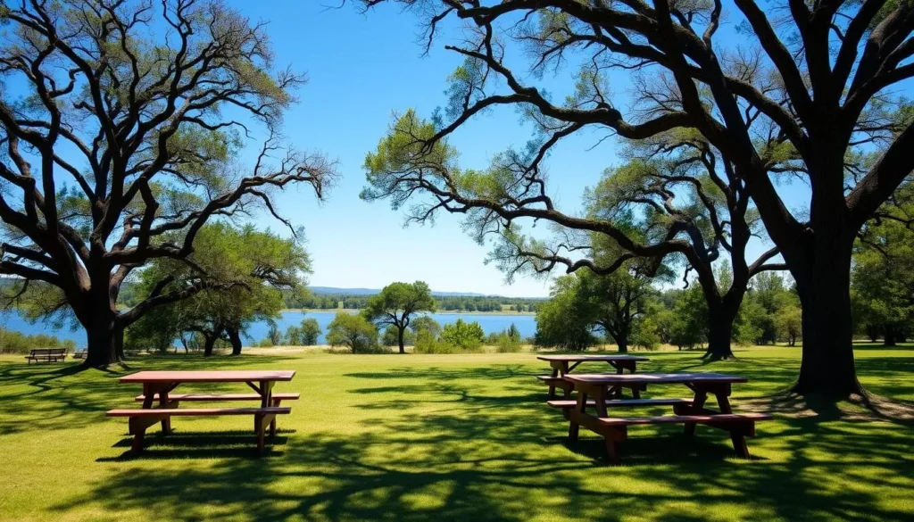 Picnic area at Pyramid State Park with tables under shade trees Picnic area at Pyramid State Park with tables under shade trees