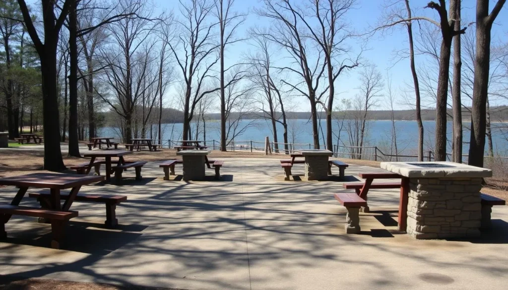 Picnic area at Rock Cut State Park with tables and grills near the lake Picnic area at Rock Cut State Park with tables and grills near the lake