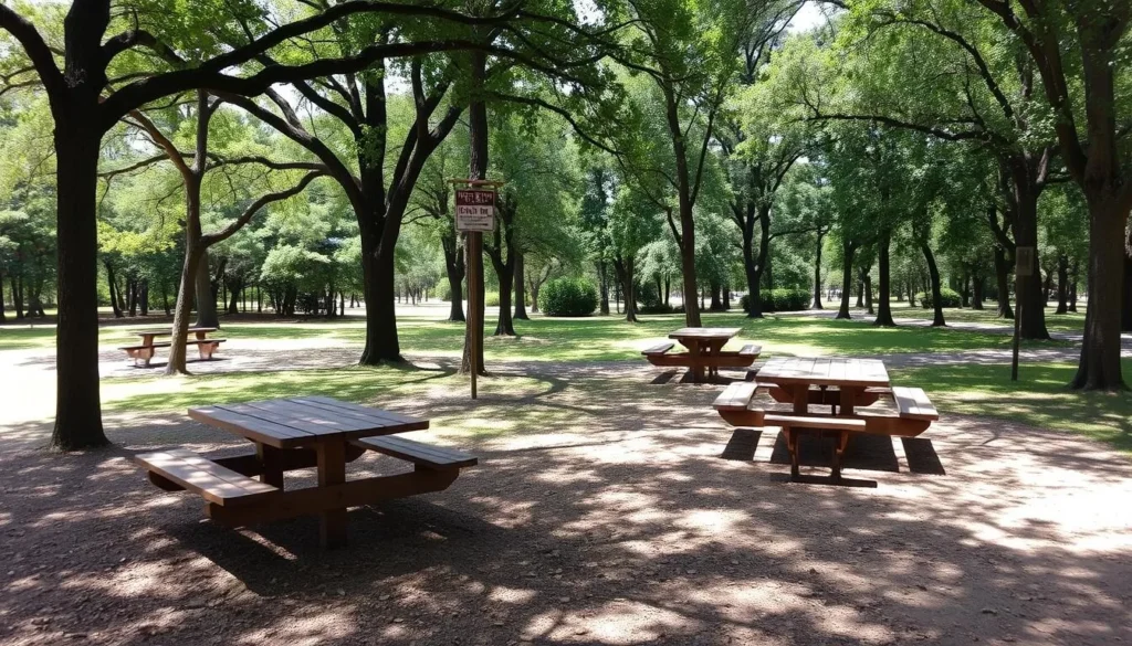Picnic area at Tickfaw State Park with tables under shade trees