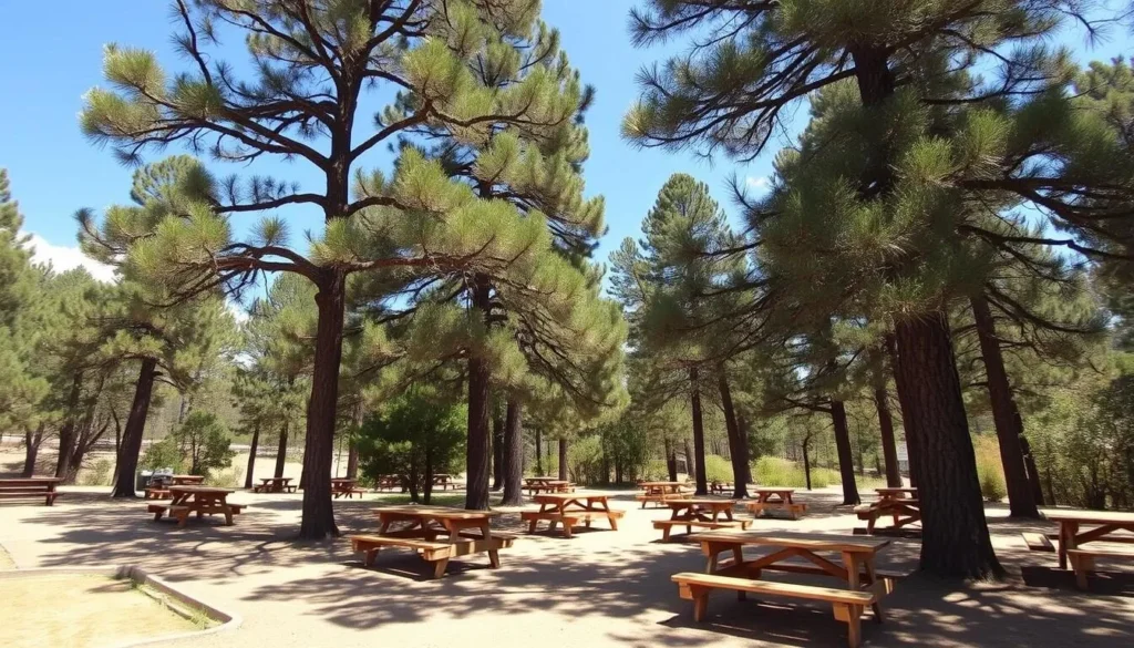 Picnic area at Tonto Natural Bridge State Park Arizona with tables under pine trees Picnic area at Tonto Natural Bridge State Park Arizona with tables under pine trees
