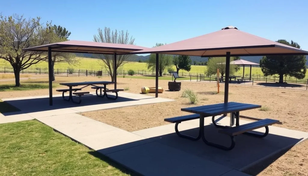 Picnic area at Tule Elk State Natural Reserve with tables under shade structures Picnic area at Tule Elk State Natural Reserve with tables under shade structures