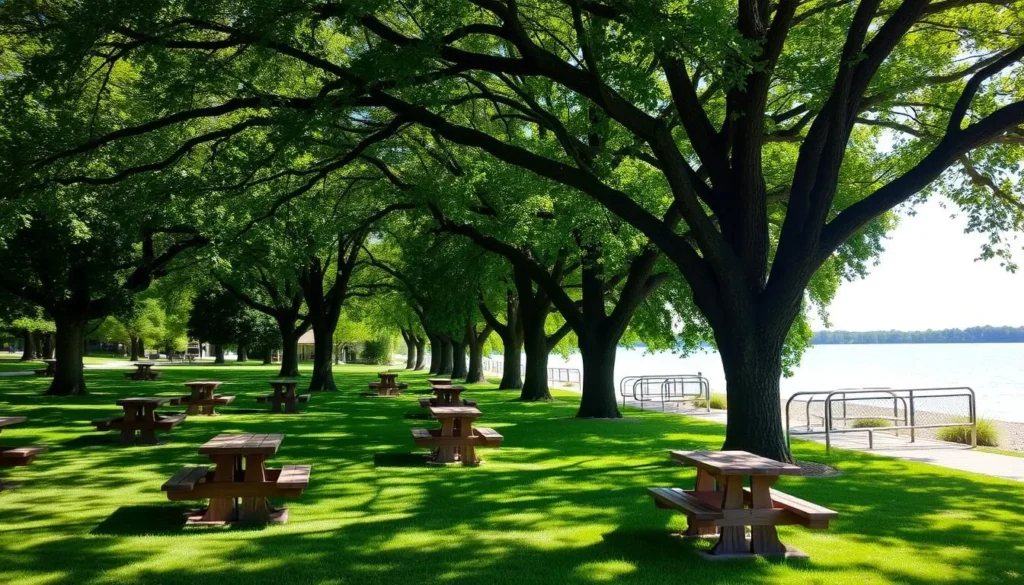 Picnic area at Walnut Point State Park with tables under shade trees near the lake Picnic area at Walnut Point State Park with tables under shade trees near the lake