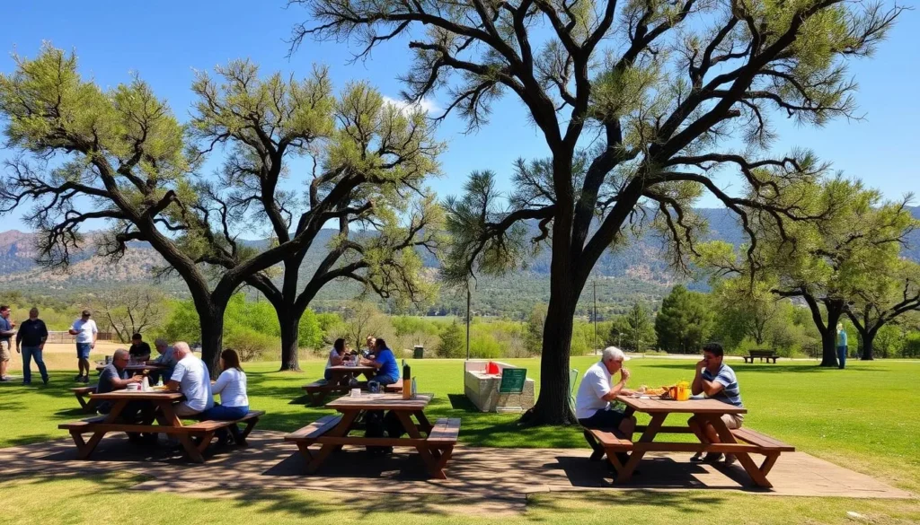 Picnic area at Will Rogers State Historic Park with visitors enjoying lunch