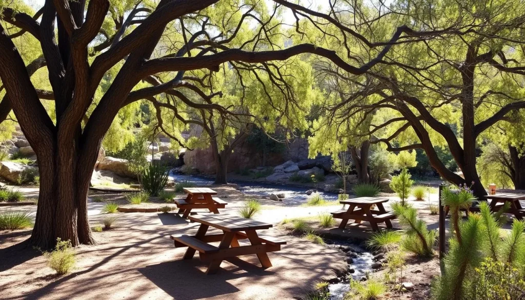 Picnic area in Madera Canyon with tables under oak trees Picnic area in Madera Canyon with tables under oak trees