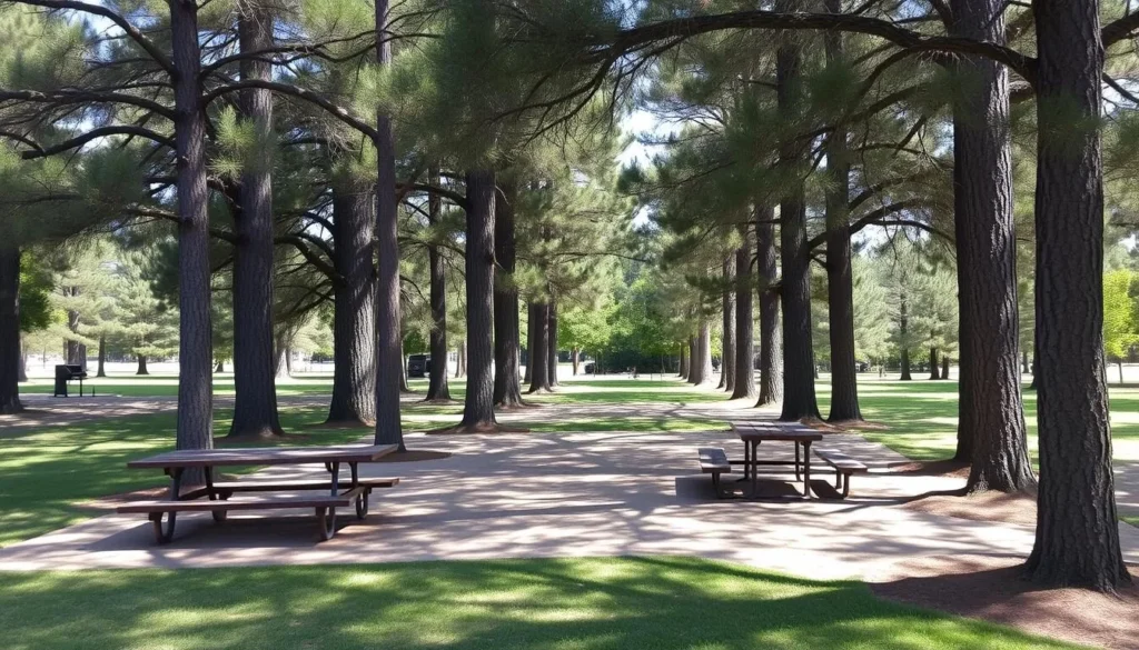 Picnic area with tables under pine trees at Jimmie Davis State Park Picnic area with tables under pine trees at Jimmie Davis State Park