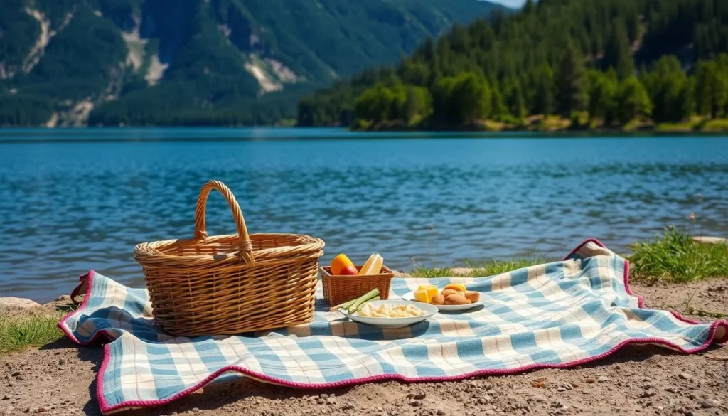 Picnic setup by the shore of Green Mountain Reservoir with mountain backdrop Picnic setup by the shore of Green Mountain Reservoir with mountain backdrop