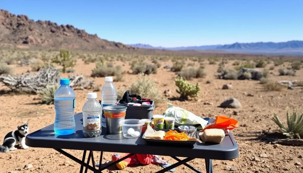 Picnic setup in the desert with food and drinks on a portable table Picnic setup in the desert with food and drinks on a portable table