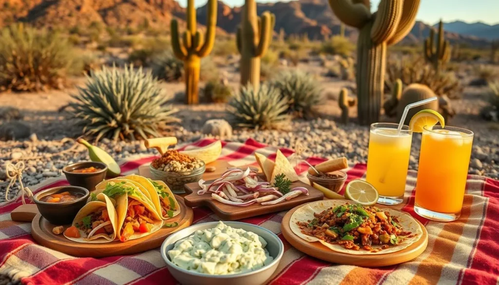 Picnic setup with Southwestern food spread and desert view