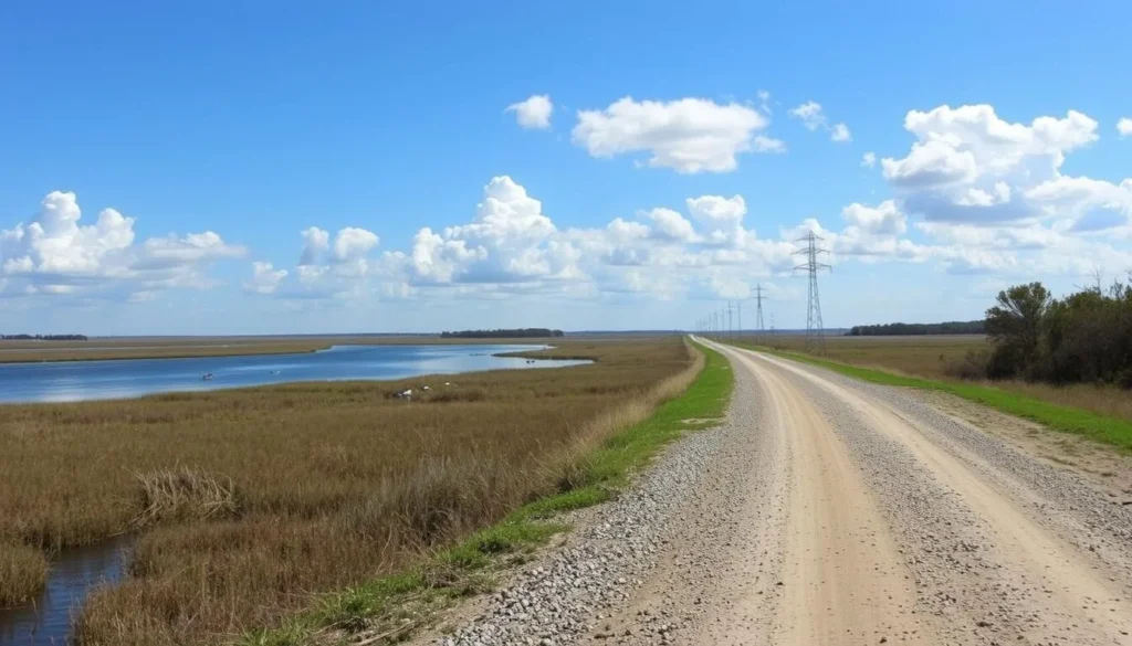 Pintail Wildlife Drive at Cameron Prairie National Wildlife Refuge with waterfowl in foreground Pintail Wildlife Drive at Cameron Prairie National Wildlife Refuge with waterfowl in foreground