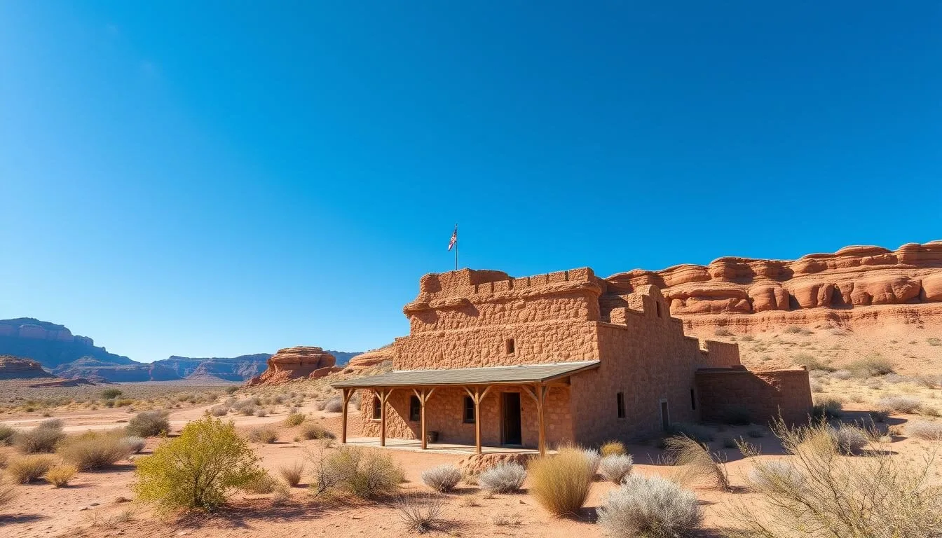 Pipe Spring National Monument historic fort and grounds with desert landscape in background
