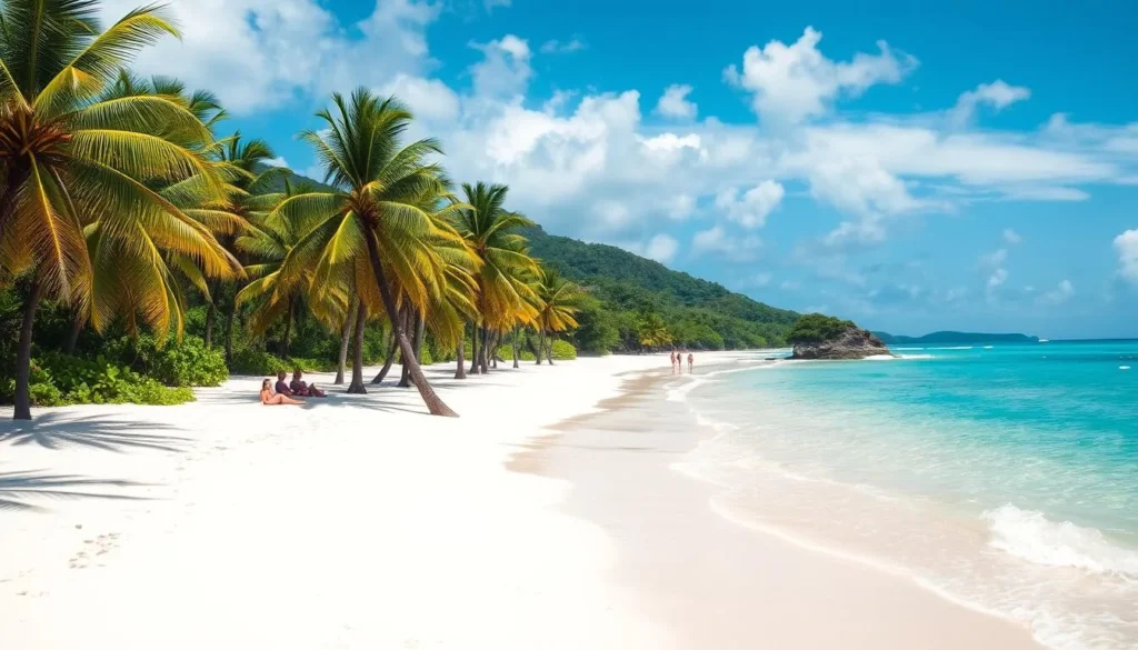 Playa Bonita beach with palm trees and turquoise waters in Las Terrenas