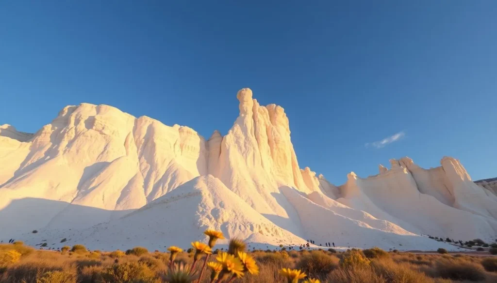 Plaza Blanca's white rock formations during golden hour in spring with soft lighting and desert wildflowers Plaza Blanca's white rock formations during golden hour in spring with soft lighting and desert wildflowers