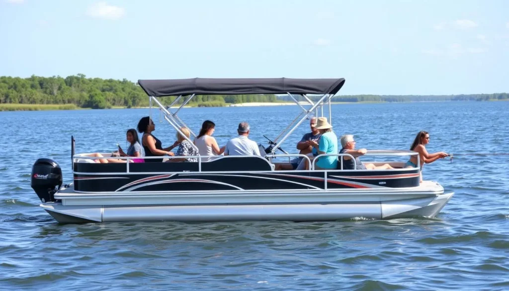 Pontoon boat rental on False River with people enjoying a day on the water Pontoon boat rental on False River with people enjoying a day on the water