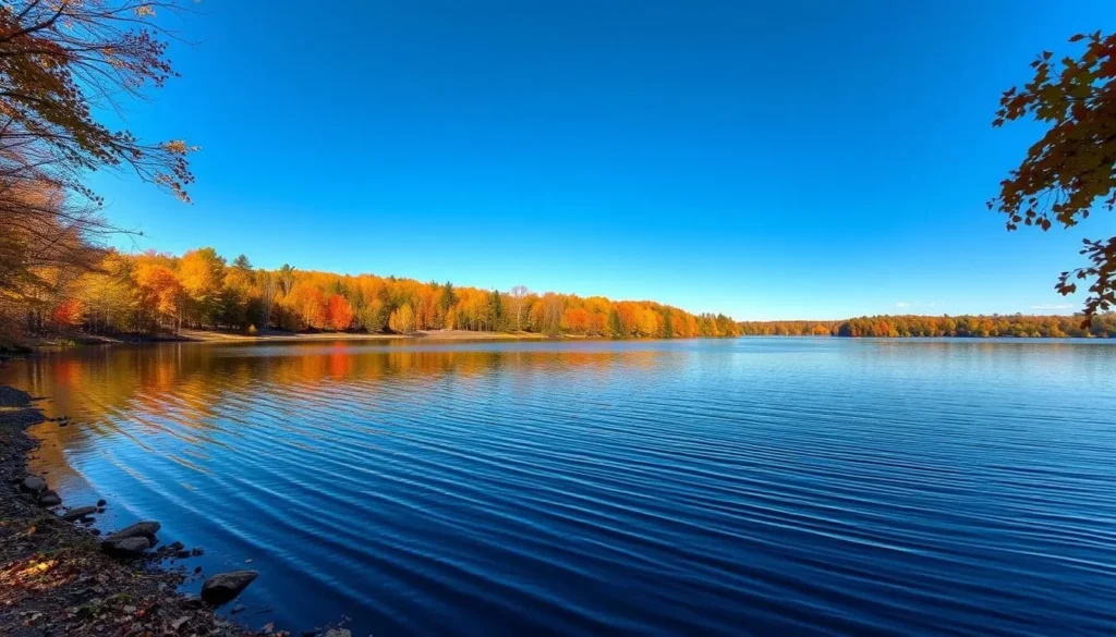 Powerton Lake State Park in autumn with colorful foliage reflecting on the water