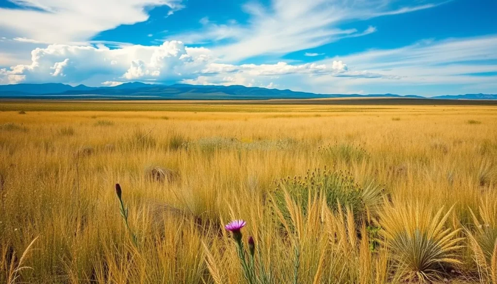 Prairie landscape at Fort Union with wildflowers and distant mountains