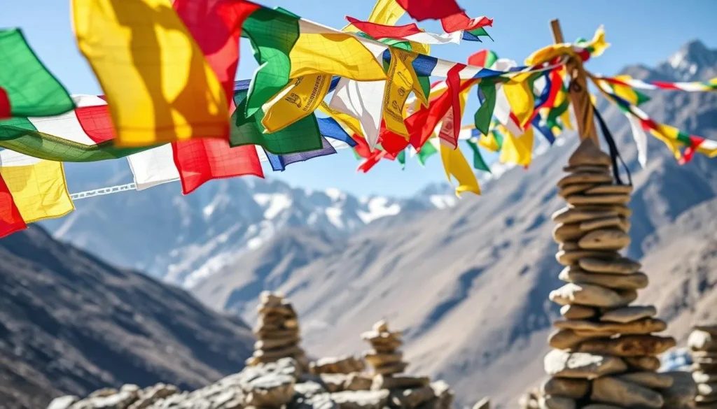 Prayer flags at a mountain pass with traditional stone cairns in Ladakh Prayer flags at a mountain pass with traditional stone cairns in Ladakh