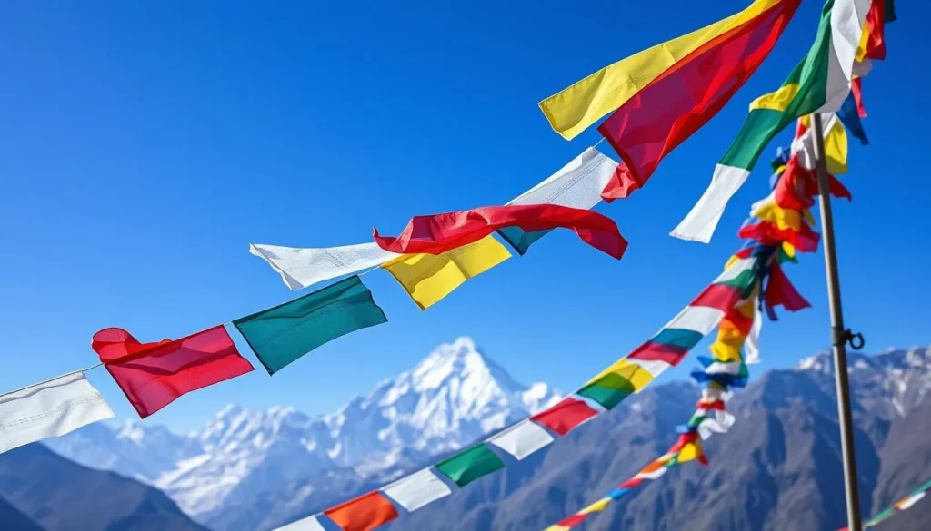 Prayer flags fluttering with Himalayan mountains in background in Nepal