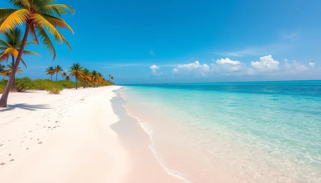 Pristine white sand beach in Lakshadweep with palm trees and clear blue water