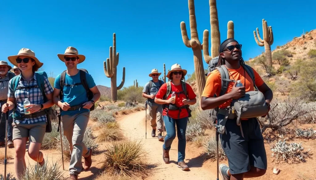 Properly equipped hikers on trail at Lost Dutchman State Park Properly equipped hikers on trail at Lost Dutchman State Park