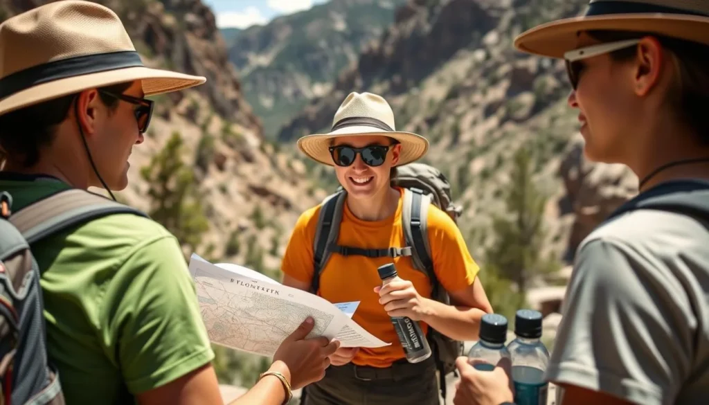 Properly equipped hikers with sun protection and water preparing for a Gunnison Gorge trail Properly equipped hikers with sun protection and water preparing for a Gunnison Gorge trail