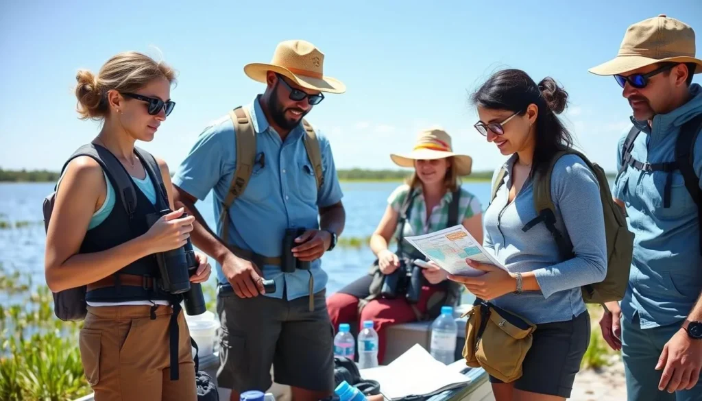 Properly equipped visitors preparing for a day at Pass-a-Loutre