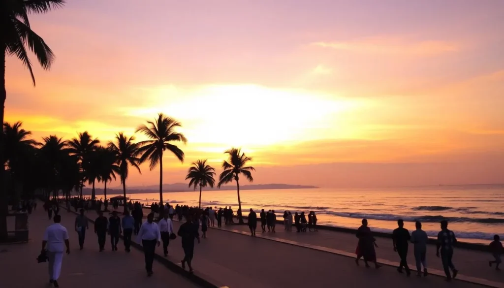 Puducherry beach promenade at sunset with people strolling along the waterfront
