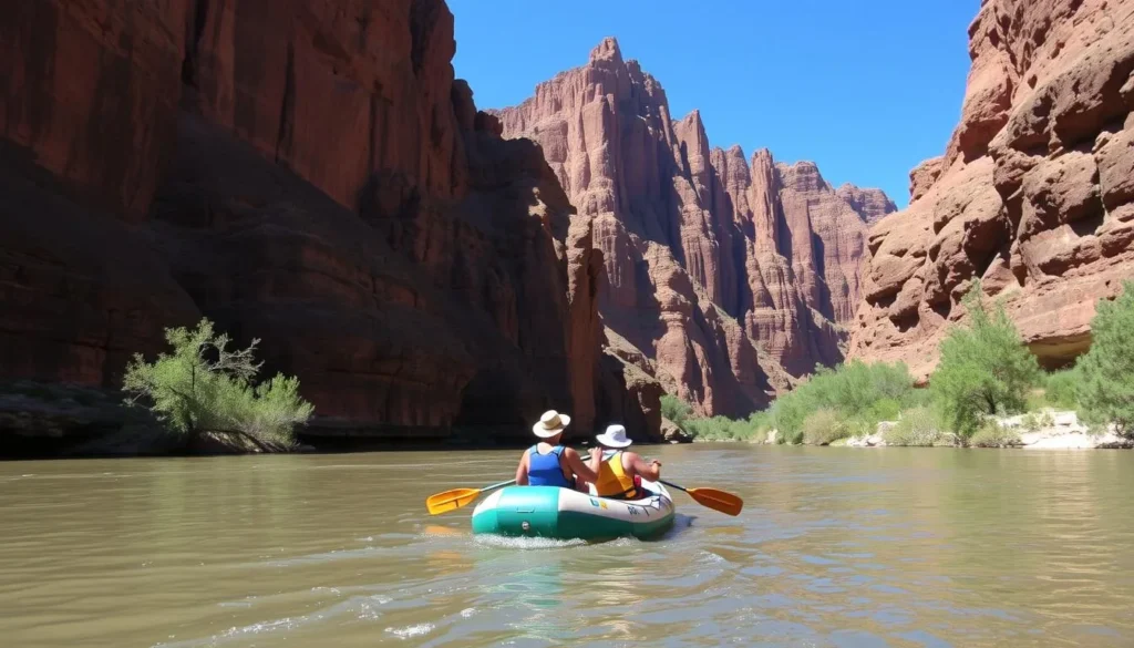 Rafters navigating the calm waters of Gunnison River through red rock canyon Rafters navigating the calm waters of Gunnison River through red rock canyon