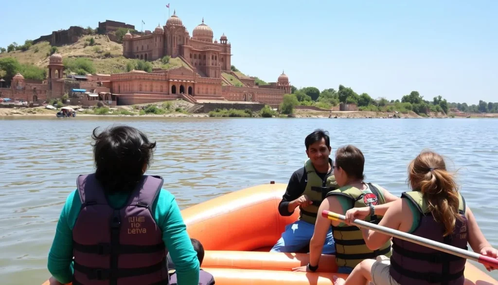 Rafting adventure on the Betwa River with views of Orchha's monuments