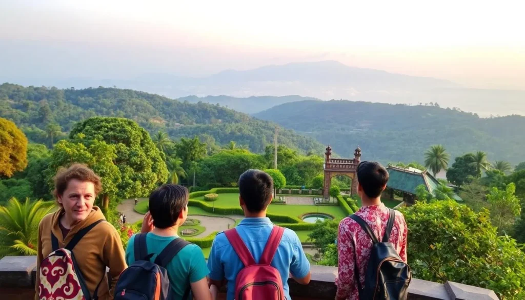 Raja's Seat viewpoint in Madikeri with tourists enjoying the mountain vista