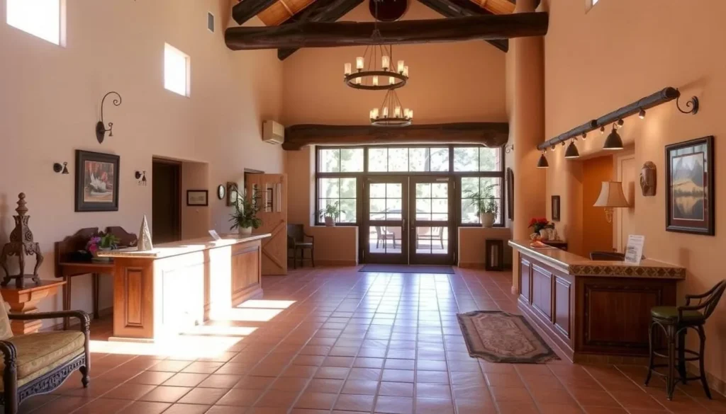 Reception area of Ojo Caliente resort showing southwestern decor and check-in desk Reception area of Ojo Caliente resort showing southwestern decor and check-in desk