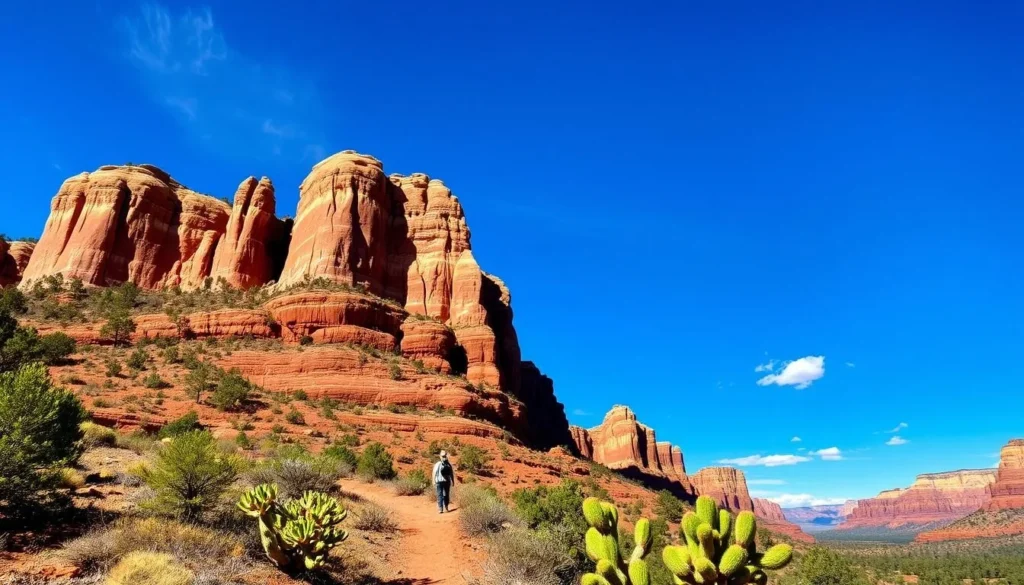 Red rock formations in Sedona, Arizona with hiking trails visible