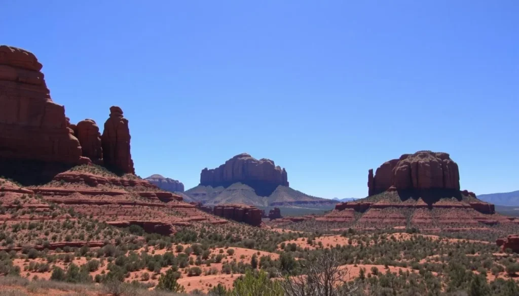 Red rock formations in Sedona with Cathedral Rock visible