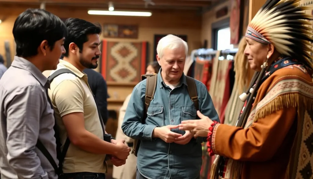 Respectful tourists observing Navajo cultural items at a trading post with a local guide explaining traditions Respectful tourists observing Navajo cultural items at a trading post with a local guide explaining traditions