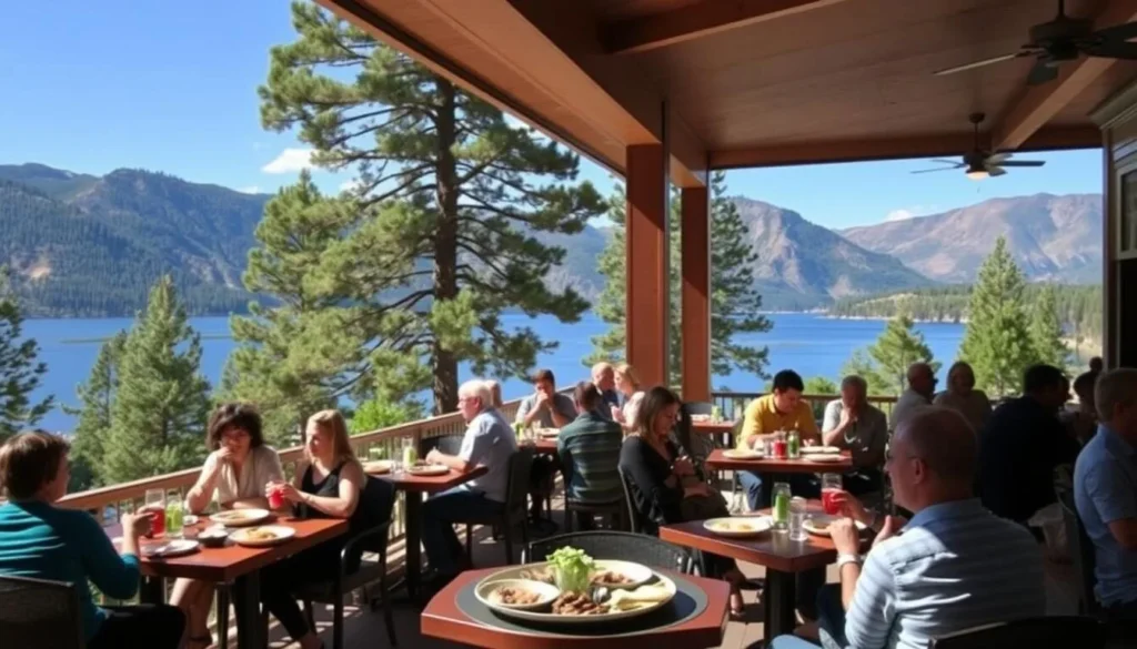 Restaurant with outdoor seating overlooking Grand Lake Restaurant with outdoor seating overlooking Grand Lake