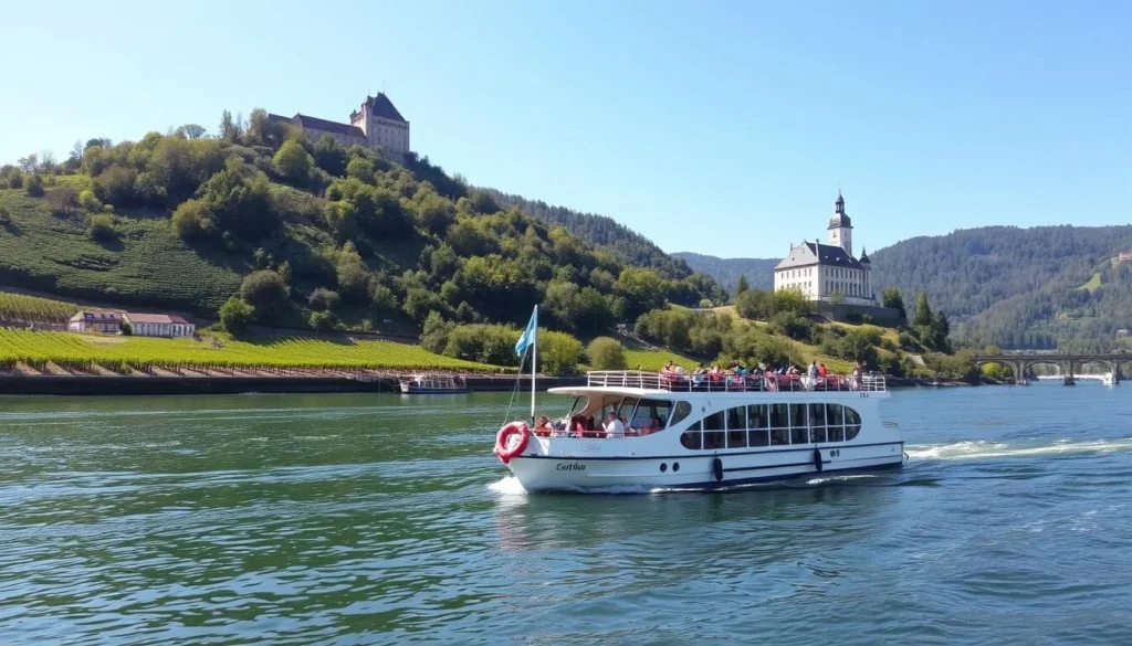Rhine river cruise boat passing by vineyards and castles near Rüdesheim