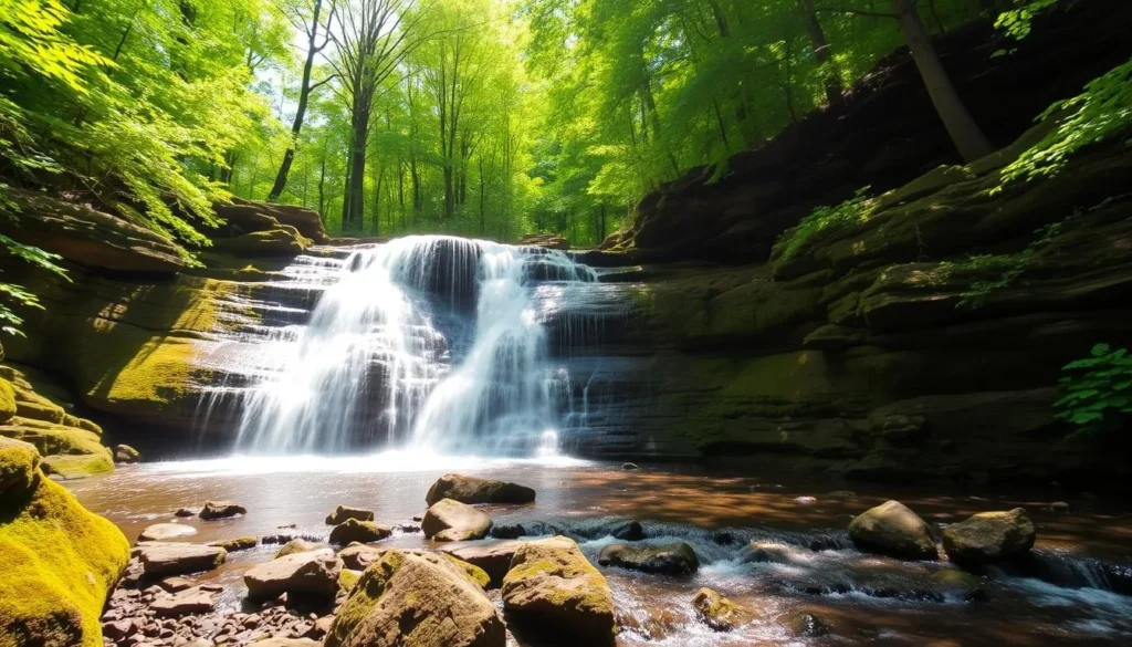 Ricketts Glen State Park Falls Trail showing one of the many waterfalls surrounded by forest