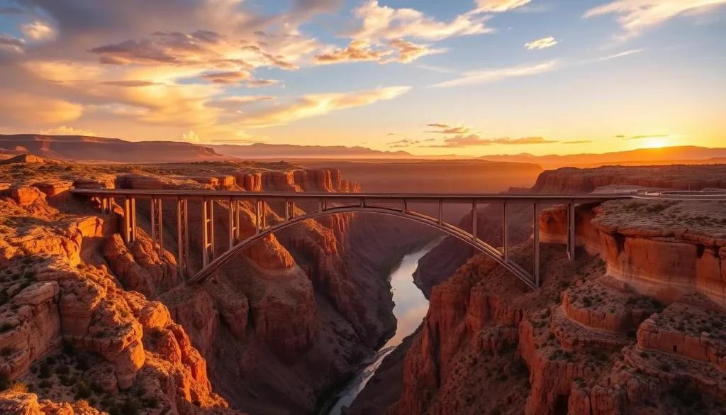 Rio Grande Gorge Bridge during sunset with golden light illuminating the canyon walls Rio Grande Gorge Bridge during sunset with golden light illuminating the canyon walls