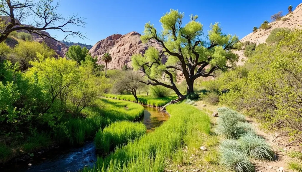 Riparian area in Dog Canyon with flowing stream and lush vegetation
