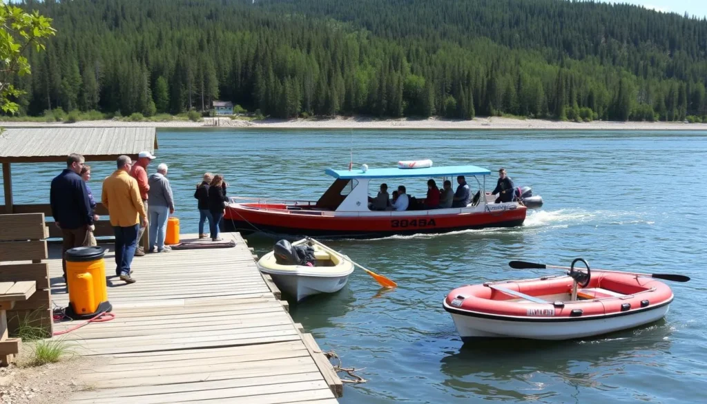 River transportation on the Ob River in Khanty-Mansi Autonomous Okrug with passengers boarding a boat River transportation on the Ob River in Khanty-Mansi Autonomous Okrug with passengers boarding a boat