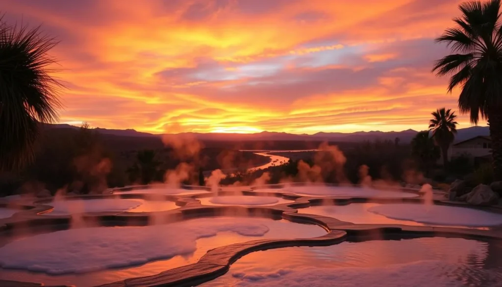 Riverbend Hot Springs during sunset with steam rising from the pools